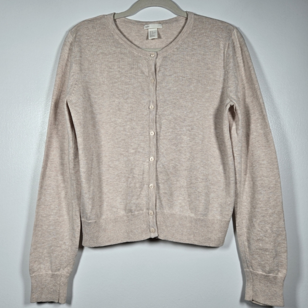 H&M Basic Blush Pink Cream Heather Marled Button Front Cardigan Sweater Medium
